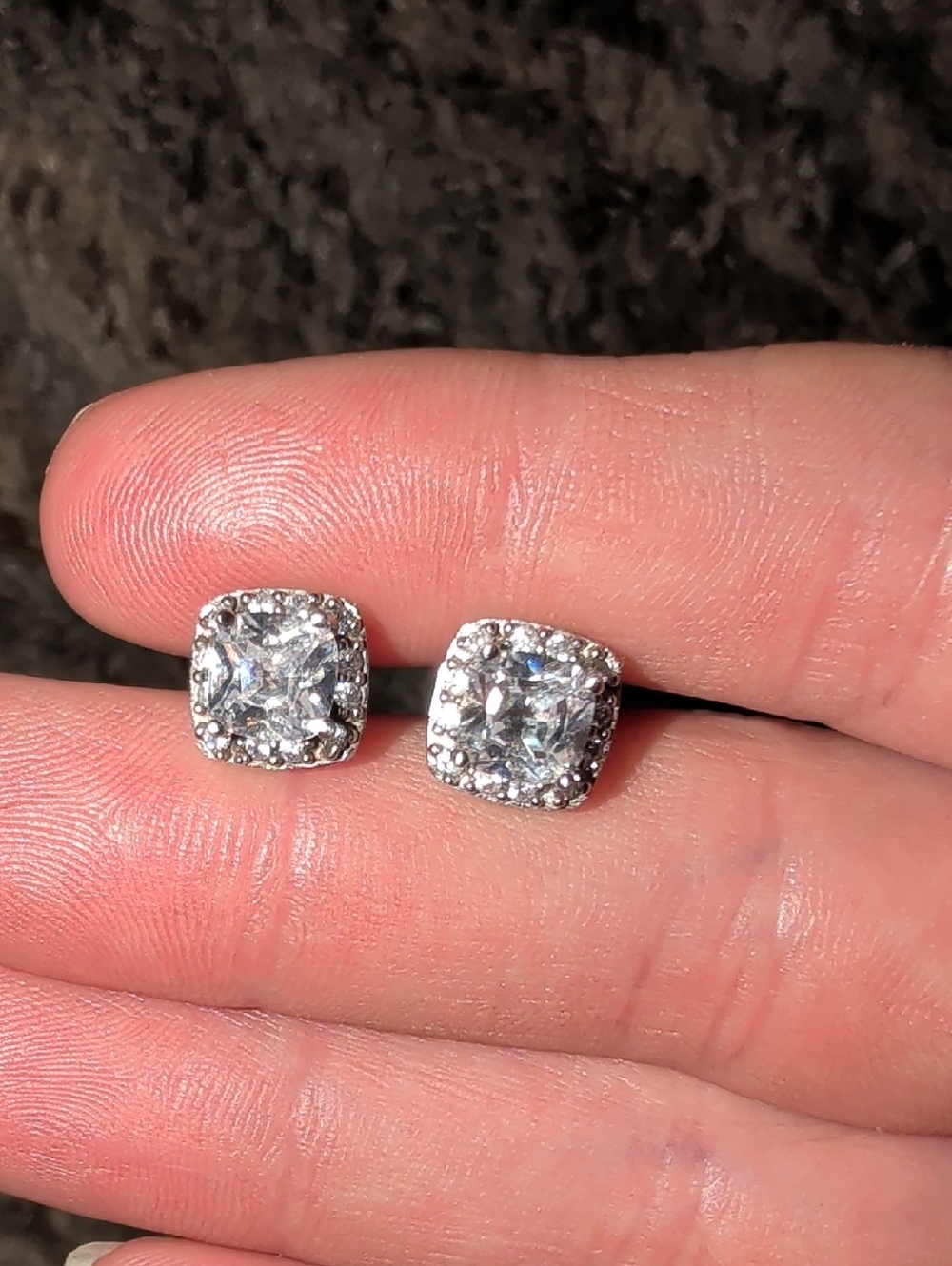 Sterling Silver Halo Cushion Cut Clear CZ Stud Earrings - White